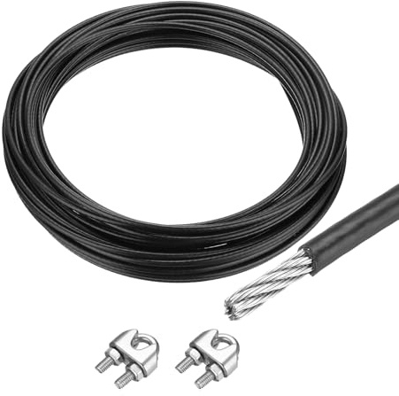 QUARKZMAN Drahtseil Edelstahl 20M x 5 mm Stahlseil PVC ummantelt mit 2 Seilklemmen Sicherungsdraht Aufhängedraht Drahtkabel Wäscheleine für Bilderrahmen Outdoor Zaun Gardinen, Schwarz