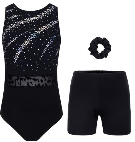 JOYSTREAM Gymnastikanzug für Mädchen, Erwachsene, Kinder, mit Shorts, Sportbekleidung | Dehnbarer, atmungsaktiver Stoff, glitzernde Pailletten, passende Shorts und Haargummi für Training/Wettkampf/Tanz
