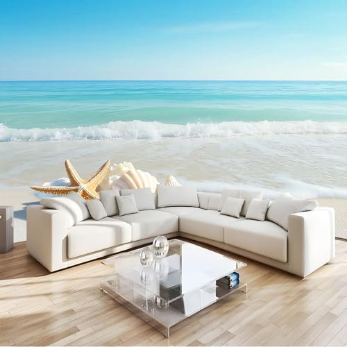 Papier Peint Intissé 350 x 256 cm - Panoramique Image Paysage Naturel Plage Coquillages Étoile De Mer Maison Chambre Déco Photo Murale Décorative Tenture Murale pour Appartement Décoration Salon