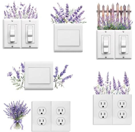 Peacoblue Etiquetas de Calcomanías para Placas de Interruptores de Luz 6Pcs 7x7 Lavanda Morada y Mariposa para Decoración del Hogar, Divertidas Calcomanías para Interruptores