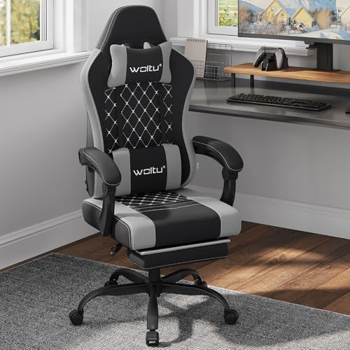 WOLTU Gaming Stuhl,Massagefunktion,Feder-Sitzkissen,Schwarz+Grau | Ergonomisch,Lendenmassage,Kopfkissen,Fußstütze, Drehstuhl,150 kg,Netzstoff