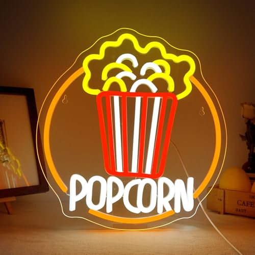 ineonlife Popcorn Neon Sign for Wall Decor,Dimmable Food Neon Light, USB Light Up Signs for Business Cinema LED Light, Snacks Sign, Film Room Bar Home Theater Party Restaurant Decor, 12.6x13.4 in