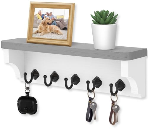 Nekon Key Holder for Wall, 11.8 W x 3.5 H x 2.8 D Wall Shelf (Gray) | Decorative Wooden Key Rack with Floating Shelf, Wall Mounted Key Organizer with 5 Hooks