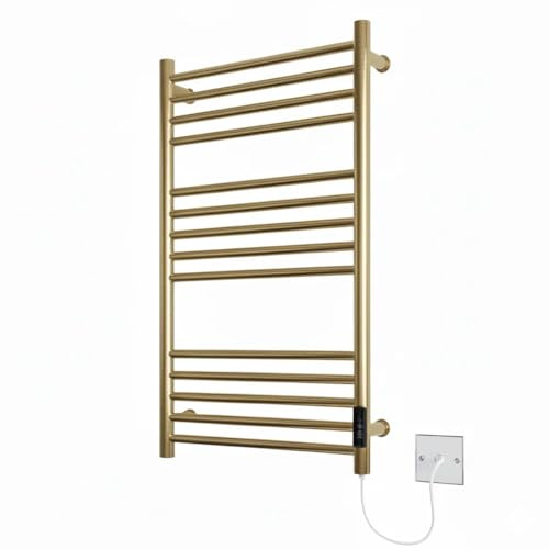 Manissa Siena Brushed Brass Electric Heated Towel Rail 500mm W x 720mm H | Stainless Steel, Towel Warmer, Bathroom, 2/4hr Timer, Towel Radiator, Energy Efficient, Wall Mounted