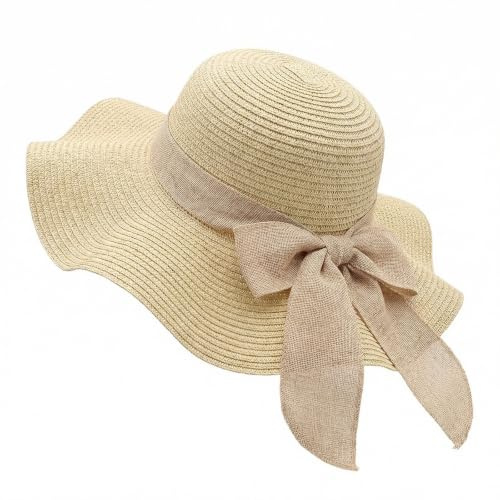Damen Strohhut mit breiter Krempe, Verstellbarer Schleife, UPF 50+, Sonnenschutz, faltbar, verstaubar, Strandhut, aufrollbar, Reise-Sonnenhut, Beige