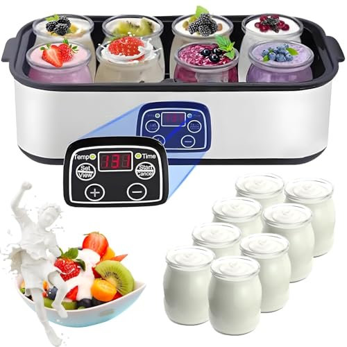 MiBoce Automatic Yogurt Maker, 8 Glass Jar Yoghurt Maker, with 1400ml Large Capacity, Constant Temperature Fermentation, Free Time Adjustment, for DIY Homemade Yoghurt
