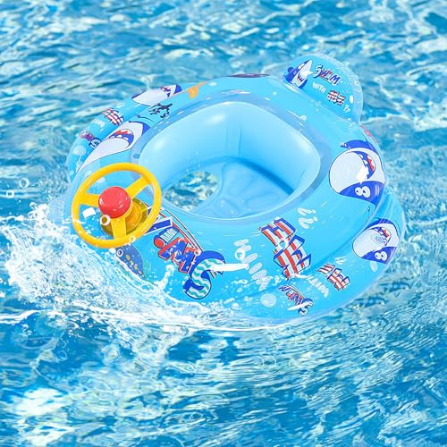 Baby Inflatable Pool Float Cartoon Swimming Ring, Shark Baby Swimming Float Inflatable with Teering Wheel Inflatable Float for Baby Kids Infant Boys Girls 4 Years