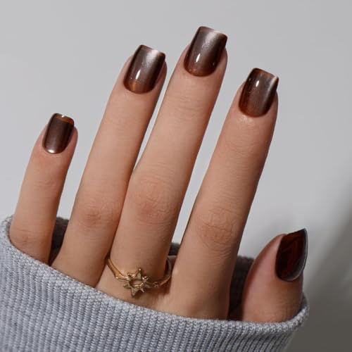 KQueenest Cat Eye Press on Nails Short Coffin, Bling Brown Short False Nails, Glazed Sparkly Glass Fake Nails Press ons, Reusable Soft Gel Stick on Nail for Women Summer, 30 Pcs
