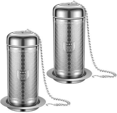 BOMANSI BOMS 2 Pack Tea Infuser with Drip Tray, Extra Fine Mesh Tea Infusers for Loose Tea, 316 Stainless Steel Tea Strainer with Extended Chain Hook, Tea Steeper (2 Pack - Large)