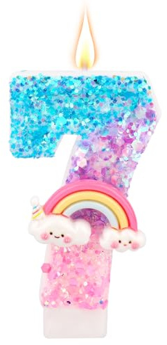 Rainbow Birthday Number Candle Seven, Shiny Colorful Macaron 7th Birthday Cake Candles Cartoon Theme Party Supplies Anniversary Celebrations Rainbow Cake Decorations (Number 7)