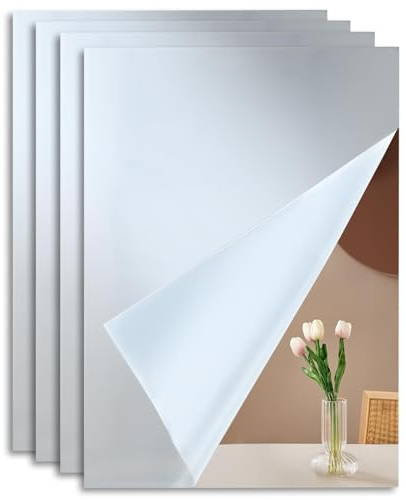 Set di 4 Specchi Adesivi da Parete Acrilico 2 mm, 30×20 cm, Flessibili Antiurto, Specchi Decorativi per Armadio, Porta, Bagno, Camera, Ingresso, Palestra, Piastrelle Specchio DIY