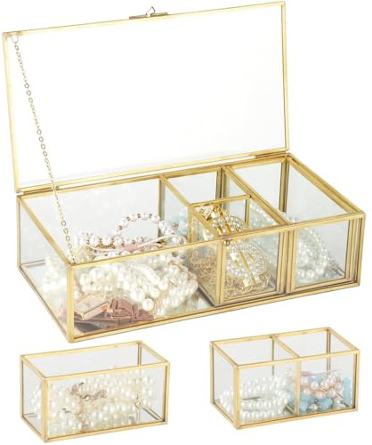 Boîte à bijoux en verre avec finition dorée vintage, organiseurs de bijoux amovibles, boîte transparente 3 en 1 avec couvercle, boîte rectangulaire de rangement de maquillage miroir