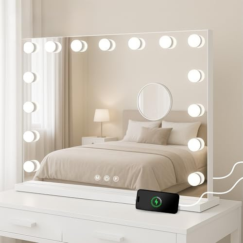 Bayt Bluetooth Sminkspegel Hollywood, LED, USB, 58x46 cm, 10x förstoring | 3 ljustemperaturer, justerbar taktil intensitet, USB-port, avtagbart 10 x förstoringsglas, sockel eller väggmontering