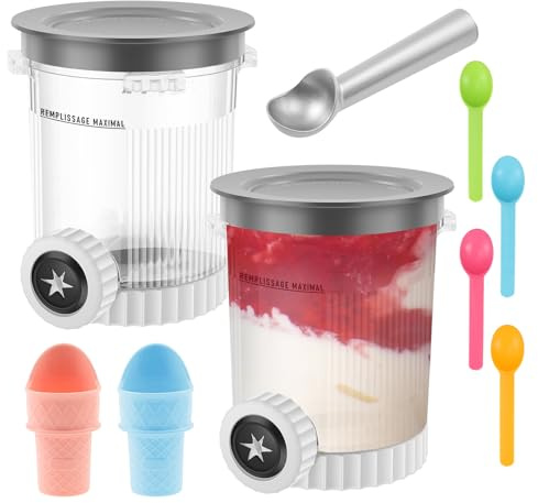 Kuanght 2 Pcs Ice Cream Pint with Ball Holder, Scoop and Lid, 16oz Reusable Pints Cups Containers for Swirl Ice Cream Makers, BPA-Free and Dishwasher Safe
