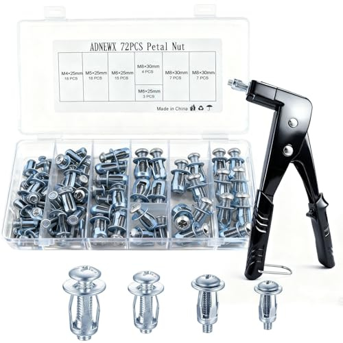 GZhaimai Set di 73 dadi di espansione Petal, in acciaio al carbonio, con pinza di montaggio, per cartongesso, piastre metalliche