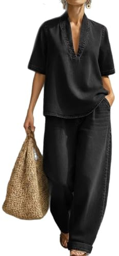 SUIUOI Conjunto de dos piezas para mujer, elegante, aspecto vaquero, conjunto de verano para mujer, con camiseta de manga corta y pantalones anchos, conjunto de 2 piezas para mujer, verano suelto y