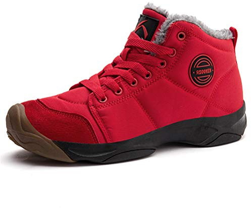 Azooken Homme Femme Chaussures Trekking Randonnée Bottes de Neige Hiver Imperméable Outdoor Boots Fourrure Cuir Imperméable Sneakers（6118-red42）