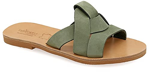 Emmanuela Sandali in stile greco antico, sandali piatti in pelle fatti a mano con dita aperte, scarpe estive di alta qualità per le donne in oro rosa argento turchese bianco, verde oliva, 40 EU