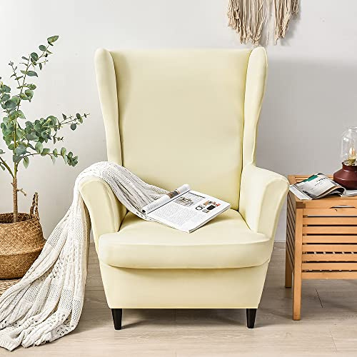 CHNSHOME 1-sits expanderbart fåtöljöverdrag med öronfåtölj, 2 delar, överdrag för sittsäck beige