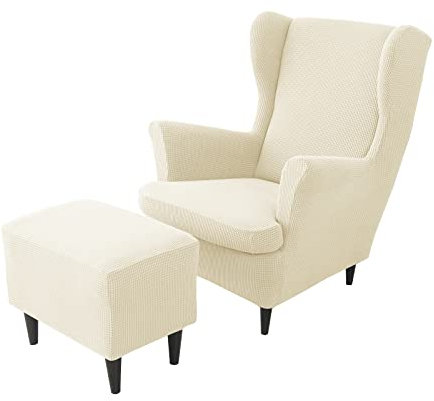 JHLD Stretch Husse für Ohrensessel Mit Ottomane Schonbezug, 2 Stück Jacquard Bezug Für Hunde Katzen - Beige - 3 Stück