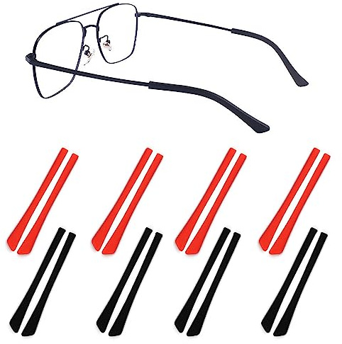 Gdnmpat Eyeglass Temple End Tips Anti-Slip Soft Silicone Tube Holder Glasses Retainers Replacement Temple Tips for Flat Thin Metal Slim Eyeglass Legs(8 Pairs Black/Red)