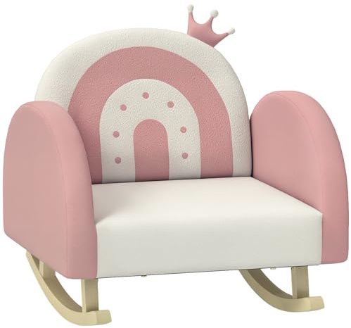 Qaba Kids Rocking Chair, Princess Crown Toddler Chair, Children's Armchair Rocker with Rainbow Backrest for Bedroom, Playroom, Pink