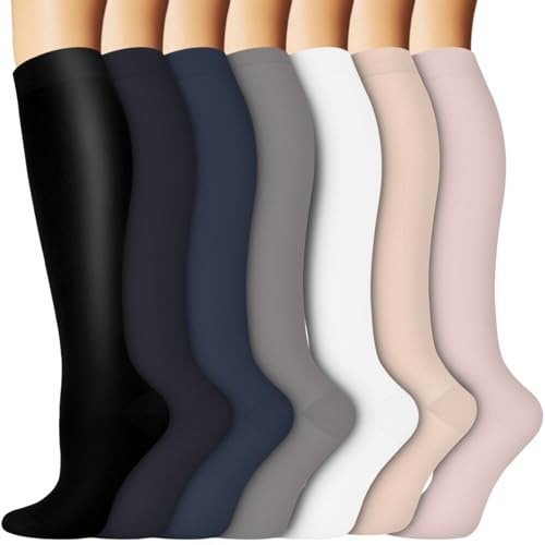 Kompressionsstrümpfe Damen und Herren,7 Paar Kniestrümpfe Stützstrümpfe kompressionssocken laufsocken thrombosestrümpfe reitsocken medizinische kompressionsstrümpfe klasse 1(7102 - Blau,L-XL)