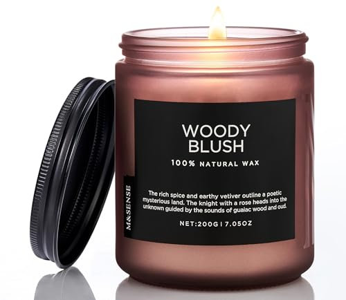 M&SENSE Candele Profumate Soia Rossore Legnoso 200g, Profumo Intenso di Legno e Spezie 50 Ore, Candela Naturale per Ambiente e Meditazione, Regalo per Casa, Soggiorno e Yoga