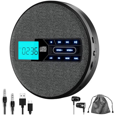 M-Amazup CD Player Portable, Rechargeable Portable CD Player with Dual Speakers and Anti Skip,CD,USB,AUX,LCD Display,Backlit Button,5 EQ,A-B Repeat,10 Speeds for Home Car Fabric, Black