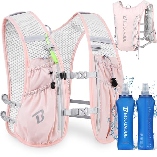 BECOJADDE Running Vest Hydration Backpack with Two 500ML Soft Water Bottles for Men Women, 5L Lightweight Running Pack Hydration for Marathon, Trail, Cycling, Hiking, Jogging Pink