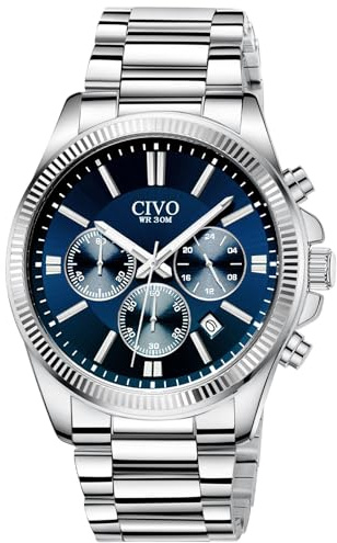CIVO Mens Watches Chronograph Stylish: Silver Stainless Steel Quartz Wrist Watch Waterproof Date - Blue Face Watches for Men Dress