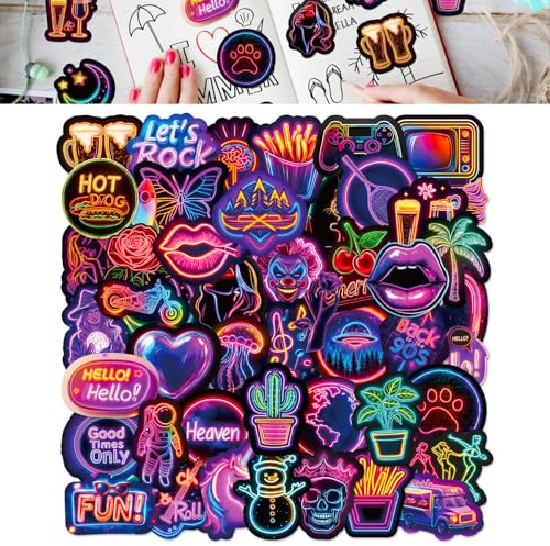 50PCS Neon Scrapbook Stickers Pack – Waterproof Vinyl Decals for Laptop, Scooter, Skateboard, Suitcase & Luggage | Funny Summer Designs, Kids Birthday Party Supplies Gifts for Teens Adults