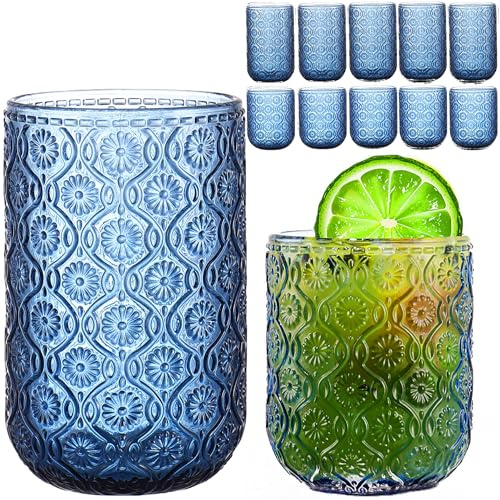 KRYSTHIA 12-delad grön vintage glasuppsättning med blommig prägling | Highball- och cocktailglas (12 oz och 10 oz) | Perfekt för vatten, juice, öl, cocktails & whiskey