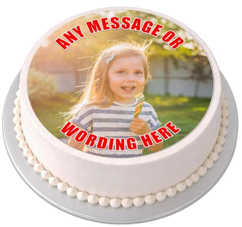 Personalised Photo Cake Topper - Your Own Image - Round Circle Edible Premium Icing Sheet, Upload Your Image & Message, Custom Birthday Cake Decoration, Any Size 4-7.5 Inch - Red Text