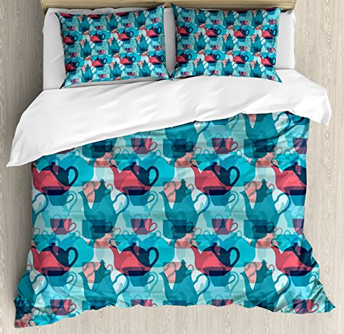 Ambesonne Tea Party Duvet Cover Set, Crockery Composition Abstract Overlapping Silhouettes Teapot and Cups, Decorative 3 Piece Bedding Set with 2 Pillow Shams, Queen Size, Dark Coral Pale Blue