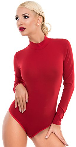 Evoni, body da donna a maniche lunghe, coprente, in cotone, con colletto a lupetto, Colore: rosso, S