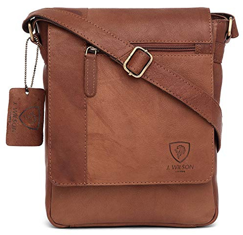 J. Wilson London 100% Pure Genuine Real Vintage Hunter Leather Handmade Mens Leather Flapover Everyday Cross-Body Shoulder Work Messenger Bag (Vintage Tan)