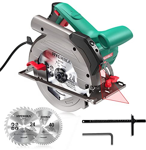 HYCHIKA Sierra Circular 1500W, 4700RPM, 2 Discos 24T+40T: 190mm, Corte 65mm (90º), 45mm (45º), Guía Laser, Motor de Cobre Puro, Extrator de Polvo, 3M Cable