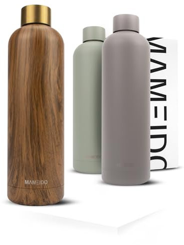 MAMEIDO Trinkflasche Edelstahl 500ml, auslaufsichere Thermosflasche, Kohlensäure geeignet, BPA frei, Isolierflasche 12h heiß & 24h kalt (Oak Wood Gold, 0,5l)
