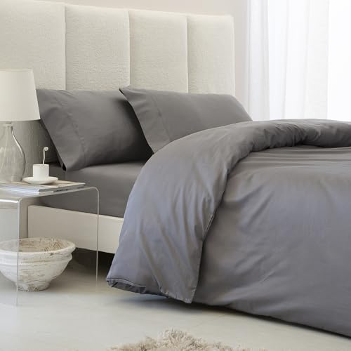 COTTON ARTean Funda Nórdica 150 Satén Algodón 300 Hilos LEUNA Gris | Incluye 4 piezas: F.Edredón 240x220 + 2 F.de Almohada + Sábana Bajera Ajustable Cierre Botones. Certificado OEKO-TEX