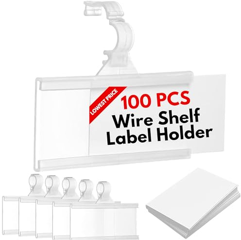 Plastic Wire Shelf Label Holder, Reusable Shelf Tags for Pantry Retail Store, Supermarket UPC Price Card & Ticket Display, Strong & Easy Clip Design Tight Snap Lock Closure. 1-1/4 H X 3 W (100)