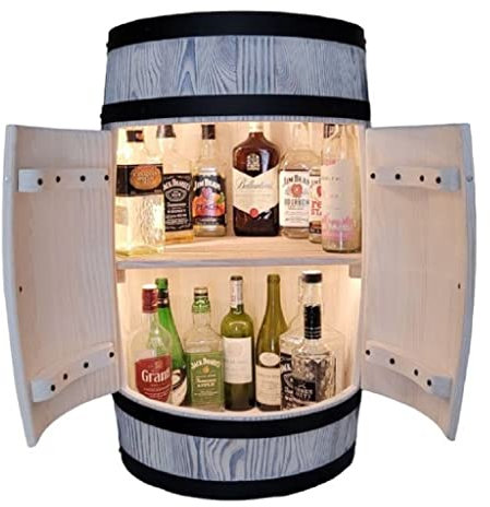 Tonneau en bois avec porte. Mini Bar éclairage LED - Étagère en bois blanc. Fait à la main Vintage commode de vin bar étagère à bouteilles - Rangement pour 40 bouteilles, support à whisky - Barrique