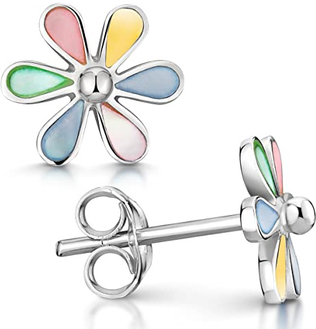 Blumen Ohrringe Silber 925 Perlmutt Ohrstecker bunt Ø10mm für Damen Mädchen | Blüte Sterlingsilber mit farbigem Besatz incl Schmuckbox von MATERIA by Matthias Wagner