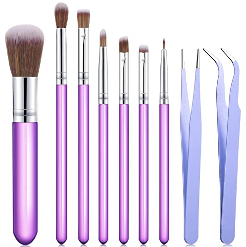 Sinmoe 10 Pieces Cake Candy Decorating Brushes Tools Cookie Decoration Brushes Pastry Brush and Stainless Steel Straight and Curved Tip Tweezers Pasta Tweezers for Baking Fondant (Purple Color)