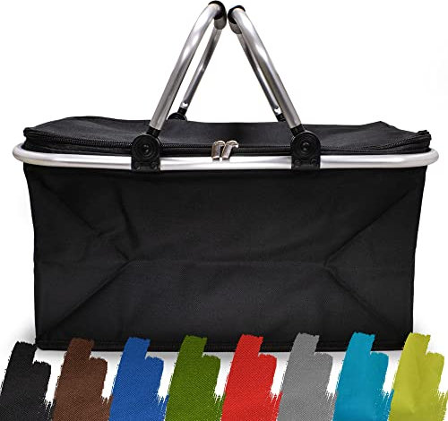 e-Best Faltbarer Einkaufskorb 25L - Ideal für den Wocheneinkauf mit gepolsterten Tragegriffen & Reißverschluss am Deckel, leicht klappbar & kompakt, 10kg belastbar, Faltkorb als Picknickkorb