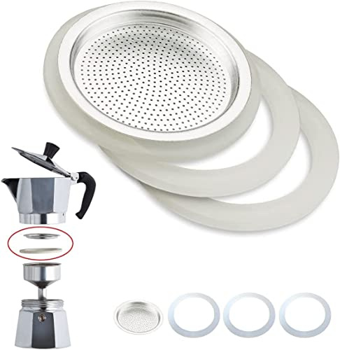 Junta y filtro de cafetera universal para recambios Moka 3 anillos de sellado de látex + 1 filtro de acero (1 taza)