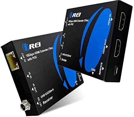 OREI 4K HDMI Extender Over Ethernet, Extender Balun Over Cat6/Cat7 with Audio Extractor Optical IR up to 230 Feet - Loop Out - 4K@60hz Full UltraHD Signal - Low Latency - Full Support | HDMI Over Cat6, HDMI Extender 4K – 18Gbps, HDR10+, Dolby Vision, HLG, LPCM 7.1, DTS-HD Master, Bi-directional PoC