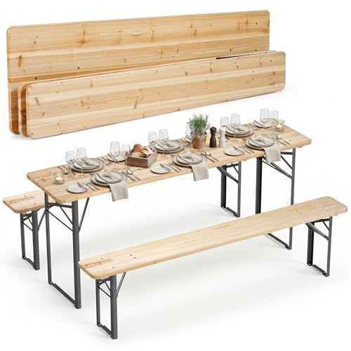 COSTWAY Set 3 Pezzi da Birreria Pieghevole, Tavolo e 2 Panche (177 x 46 cm)