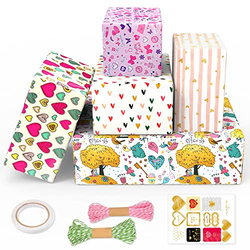 Valentines Wrapping Paper, Eco Friendly Recyclable Love Heart Gift Wrap 70cm x 50cm for Valentines Day, Anniversary, Birthday, Women Present Decoration, 5 Sheets & Strings, Sticker, Double-Side Tape
