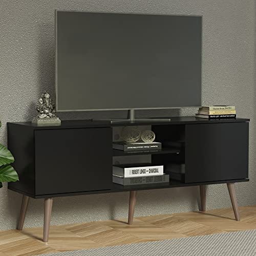 Madesa TV Schrank mit 2 Türen und 2 Regale für TV bis zu 55 Zoll, für Wohnzimmer, 136 x 40 x 60 cm, aus Holz - Schwarz